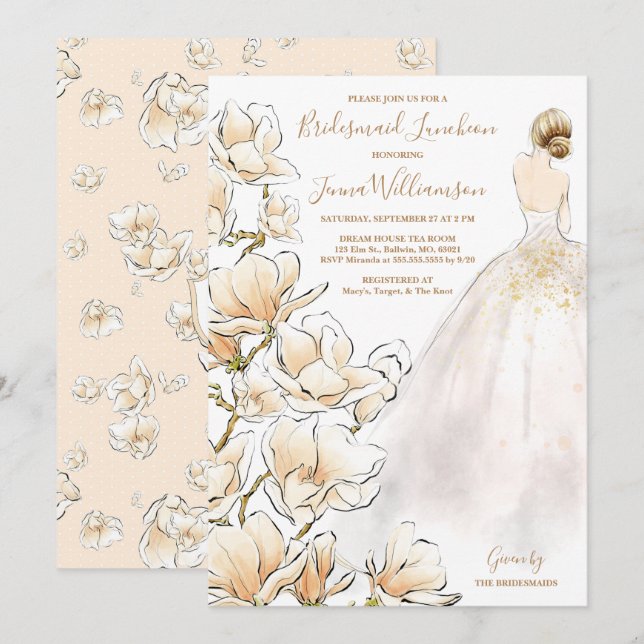 Convites Dourada Magnolia Bridesmaid Luncheon (Frente/Verso)