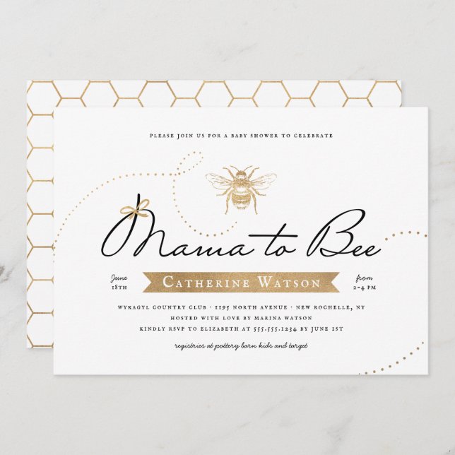 Convites Dourada mamãe para o Chá de fraldas de abelhas (Frente/Verso)