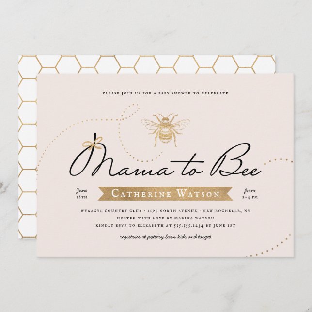 Convites Dourada mamãe para o Chá de fraldas de Bee (Frente/Verso)