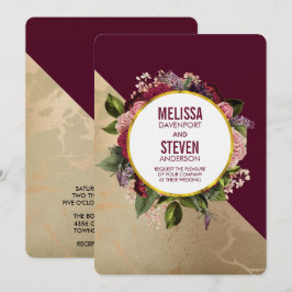 Convites Dourada Marble Pattern e Burgundy Floral Wedes