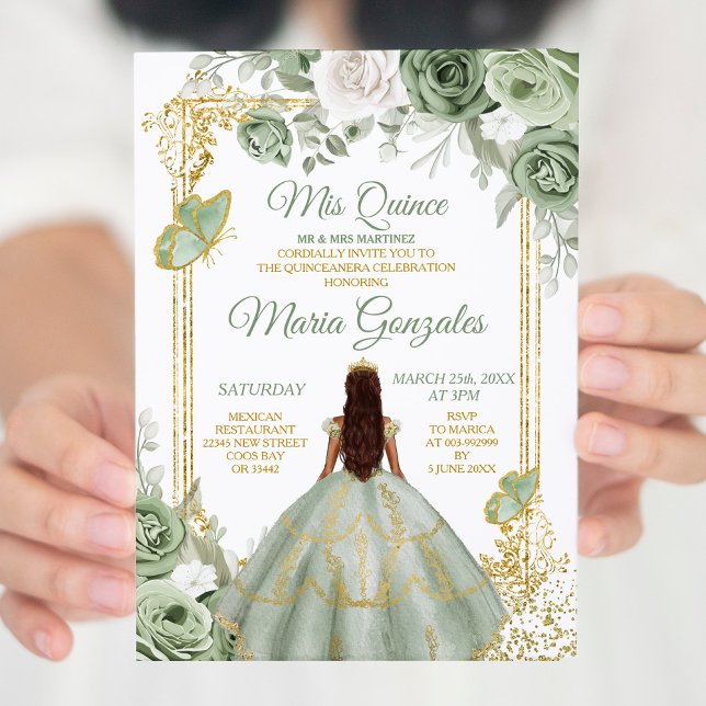 Convites Dourada Mis Quince Sage Green Quinceañera (Criador carregado)