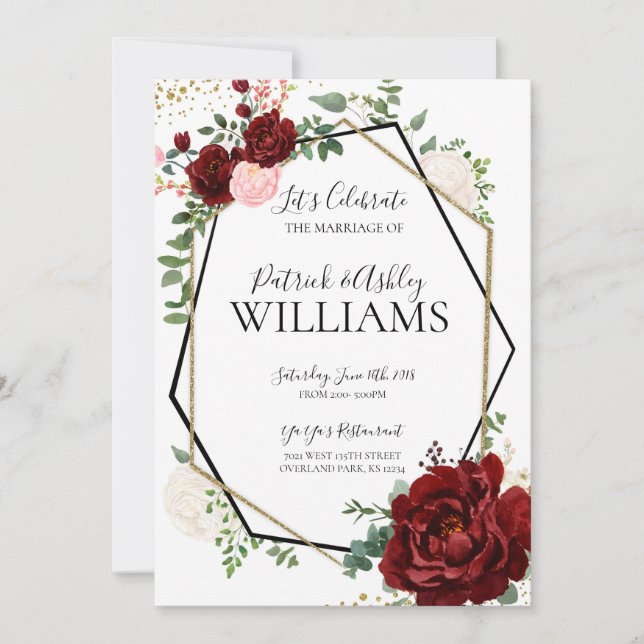 Convites Dourada moderna e Recepção de casamento Geométrica (Frente)