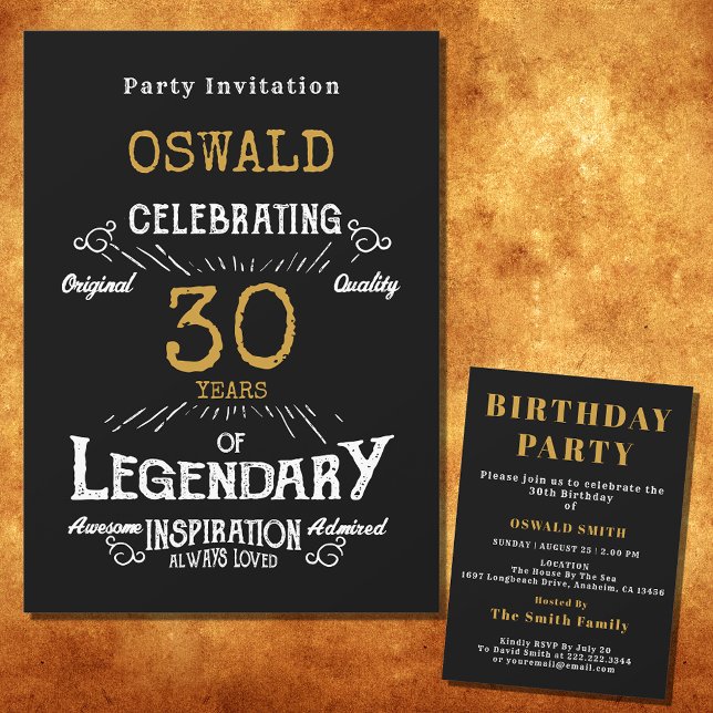 Convites Dourada Nascer Legendário Retro aniversário de 30  (For those celebrating their 30th birthday we have the ideal birthday party invitation)