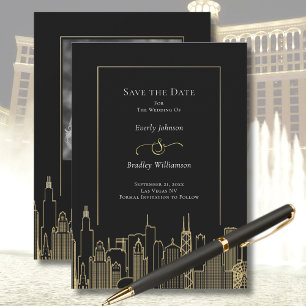 Convites Dourada negra Elegante Las Vegas Skyline Salve a D