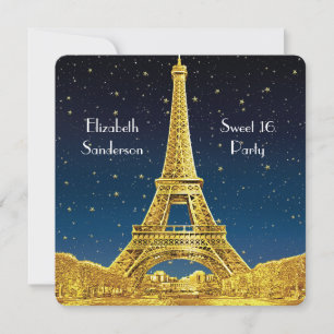 Convites Dourada Paris Skyline nº 2 Blue Starry Sweet 16 SQ