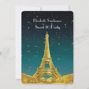 Convites Dourada Paris Skyline nº 2 Teal Starry Sweet 16 V