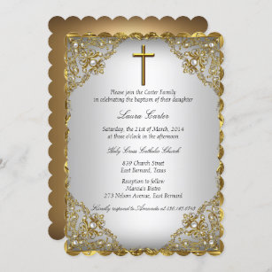Convites Dourada Pearl Damask & Cross Baptism/Christening