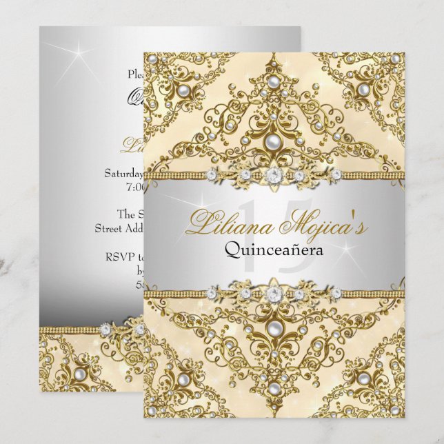 Convites Dourada Pearl Damask Quinceanera Invite (Frente/Verso)
