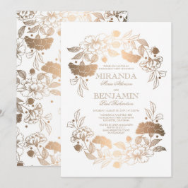 Convites Dourada Peony Floral Wreath Elegante Festa de noiv