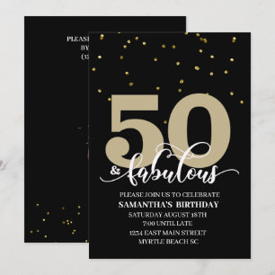 Convites Dourada preta 50 e Festa de aniversário fabulosa 