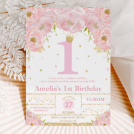Convites Dourada primeiro aniversario Princesa Rosa Blush