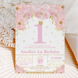 Convites Dourada primeiro aniversario Princesa Rosa Blush