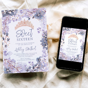 Convites Dourada princesa de tiara floral de lavanda Doce 1