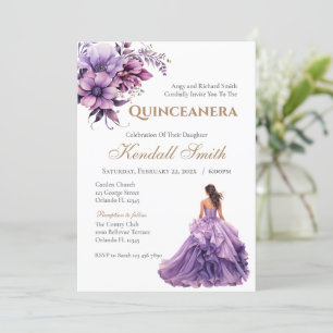Convites Dourada Purple Lilac Floral Princesa Quinceanera
