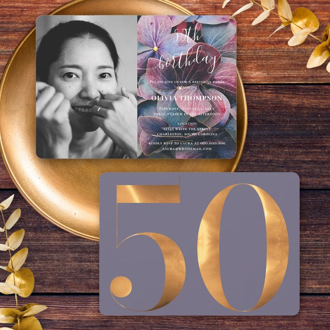 Convites Dourada Púrpura Azul Hydrangeas 50ª Foto de Aniver (Front / Back)