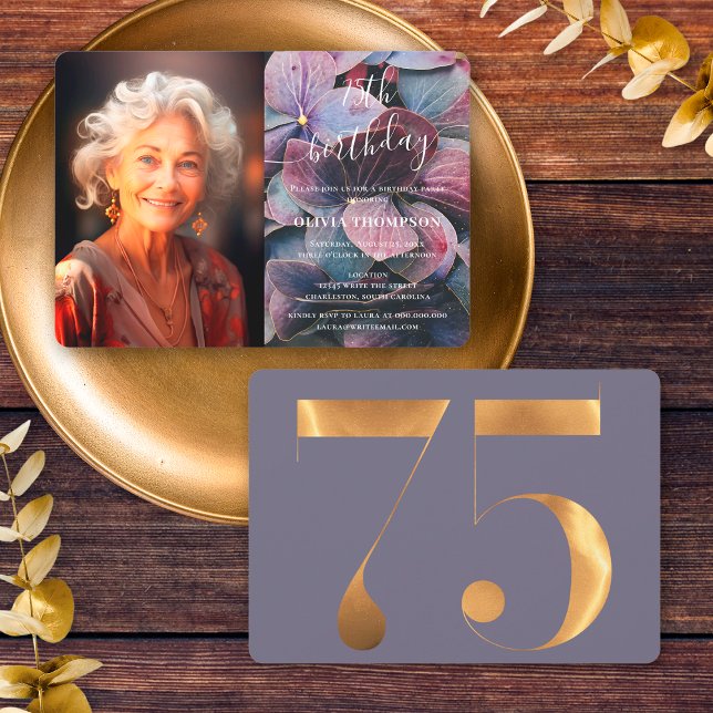 Convites Dourada Púrpura Azul Hydrangeas 75ª Foto de aniver (Front / Back)