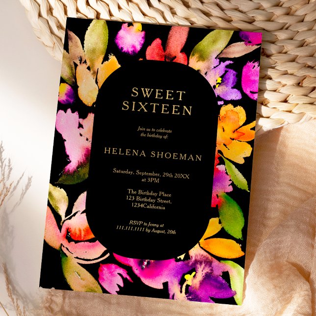 Convites Dourada queda de tamanho excessivo da água floral  (Bold fall oversize floral watercolor Sweet 16 Invitation on black)