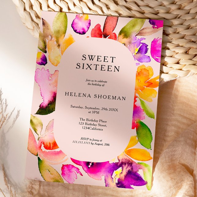 Convites Dourada queda de tamanho excessivo da água floral  (Bold fall oversize floral watercolor Sweet 16 Invitation on pastel pink)