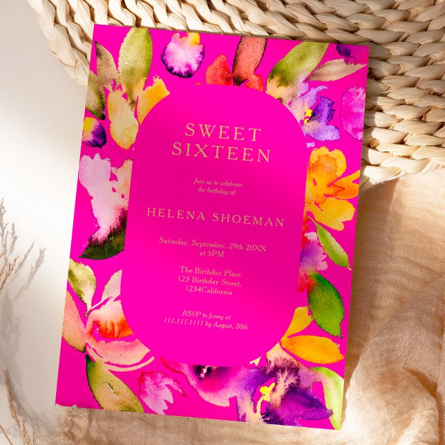 Convites Dourada queda de tamanho excessivo da água floral  (Bold fall oversize floral watercolor Sweet 16 Invitation on neon pink)