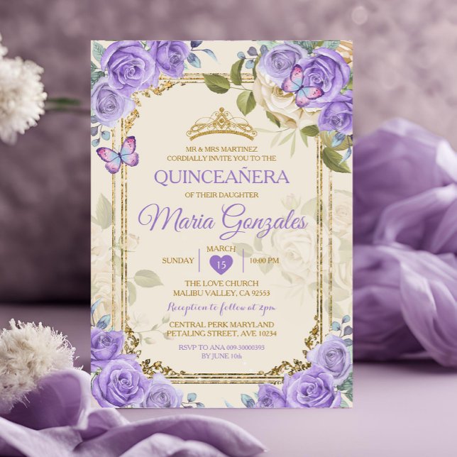 Convites Dourada Quinceañera Coroa Roxa Borboleta Mexicana (Criador carregado)
