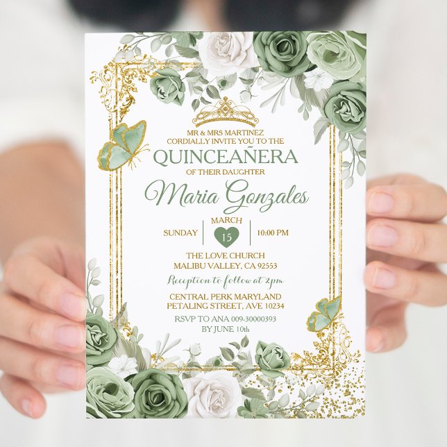 Convites Dourada Quinceañera Sage Borboleta Verde (Criador carregado)