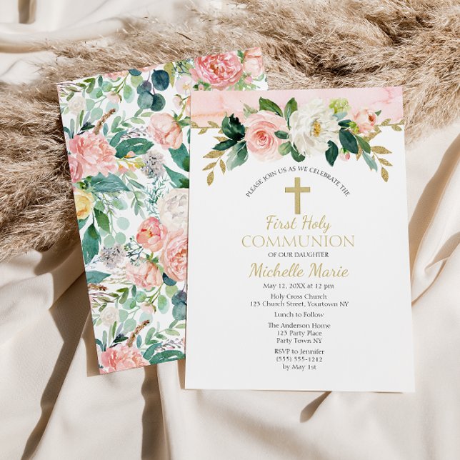 Convites Dourada rosa Cruz Floral Primeira Santa Menina Com (Criador carregado)