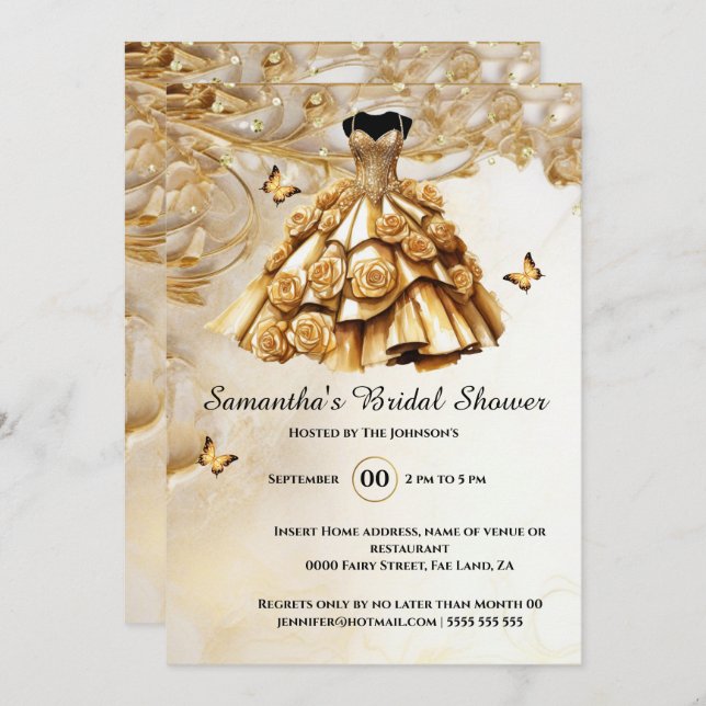 Convites Dourada rosa de flores de palhaço noiva, noiva (Frente/Verso)