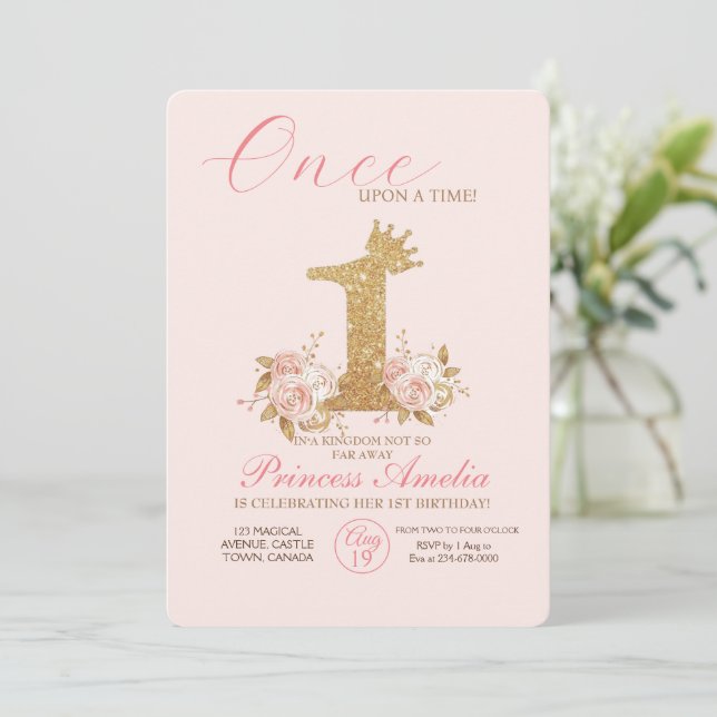 Convites Dourada rosa Festa de aniversário princesa primeir (Em pé/Frente)