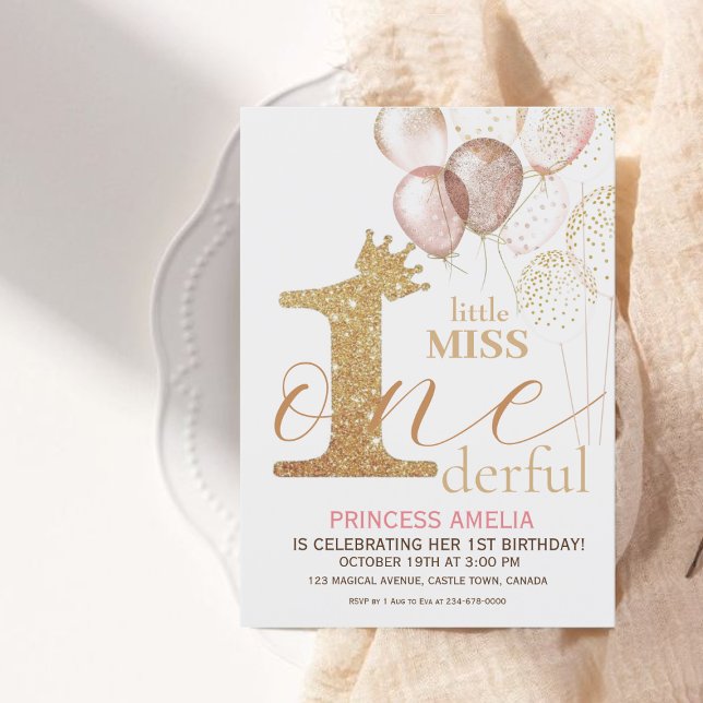 Convites Dourada rosa Festa de aniversário princesa primeir (Criador carregado)