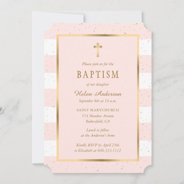 Convites Dourada Rosa Moderna Estende Menina Batismo (Frente)