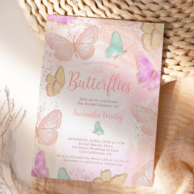 Convites Dourada rosa Vida do chá de panela das borboletas (Gold pink Lifetime of butterflies bridal shower Invitation)