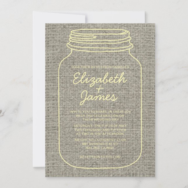 Convites Dourada Rústica Burlap Mason Jar Casamentos Convit (Frente)