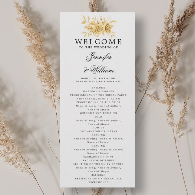 Convites Dourada Script Floral do Programa de Casamento Ele (Elegant Wedding Program Gold Floral Script )