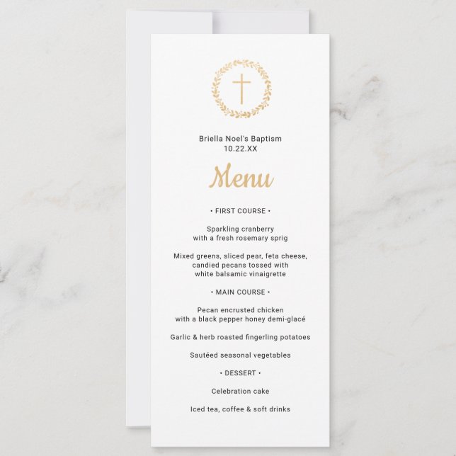 Convites Dourada simples com menu Cross Baptism (Frente)
