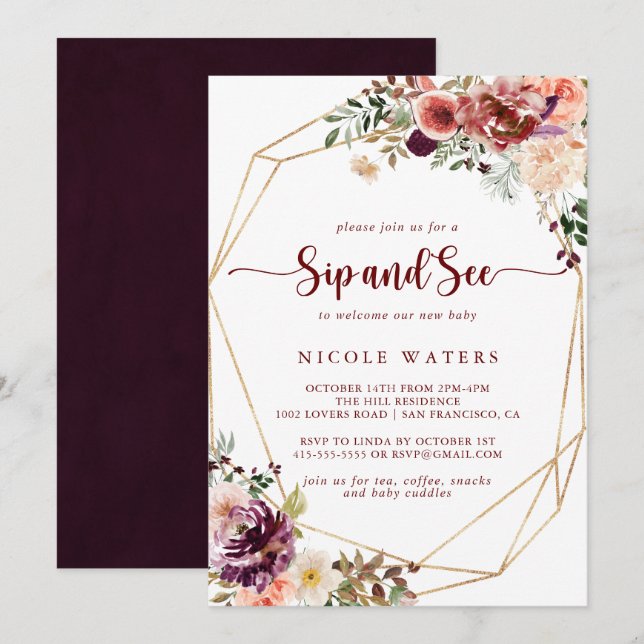 Convites Dourada Sip Floral de Verão Russo Geométrico (Frente/Verso)