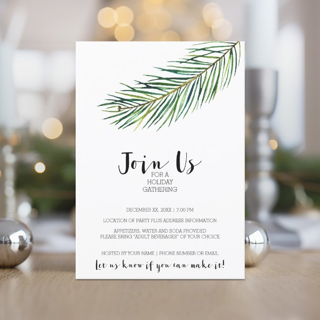 Convites Dourada Sucursal de Natal Moderna em Watercolor (Holiday Invitation - Corporate Open House - Minimal Pine Branch Modern Calligraphy)