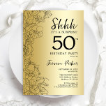 Convites Dourada surpresa 50º aniversário<br><div class="desc">Dourada Surpresa 50º Convite de aniversário. Design Glam feminina com sotaques botânicos e letra de script de tipografia. Simples cartão de convite floral perfeito para uma festa surpresa na moda. Pode ser personalizado para qualquer idade. Impressos convites Zazzle ou download instantâneo de modelo digital.</div>