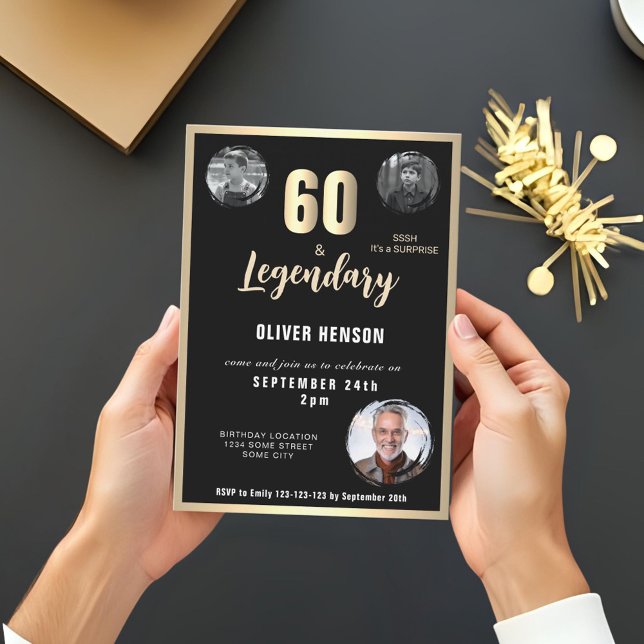 Convites Dourada Surpresa Metálica 3 Foto 60º Aniversário (Criador carregado)