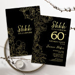 Convites Dourada surpresa negra 60º aniversário<br><div class="desc">Dourada Surpresa Negra 60º Convite de aniversário. A design feminina moderna minimalista apresenta sotaques botânicos e letra de script de tipografia. Simples cartão de convite floral perfeito para uma festa surpresa na moda.</div>