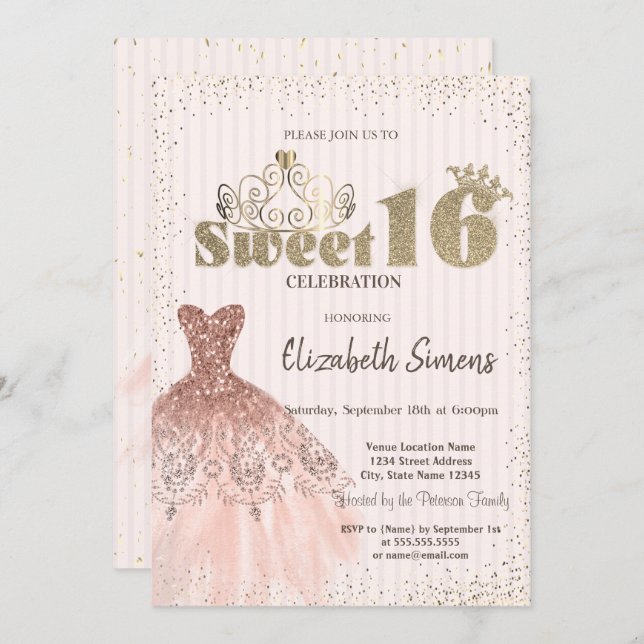 Convites Dourada Tiara,Confetti,Vestido,Docinho 16 (Frente/Verso)