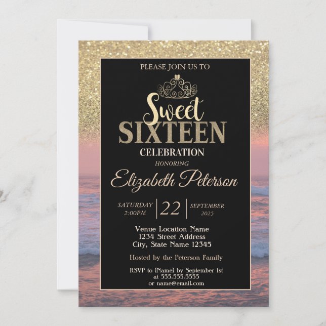 Convites Dourada Tiara Glitter Bokeh Beach Sunset Sweet 16 (Frente)