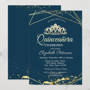Convites Dourada Tiara, Marinho Azul Quinceañera