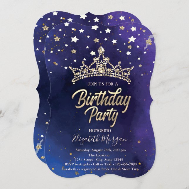 Convites Dourada Tiara Stars Festa de aniversário Azul (Frente/Verso)