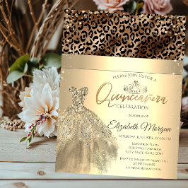 Convites Dourada Tiara, vestida Leopard Imprime Quinceañera