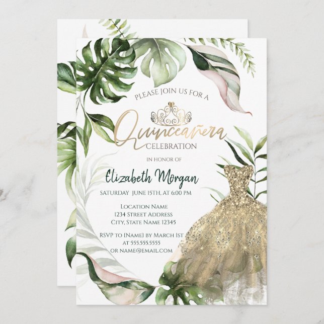 Convites Dourada Tiara Vestido Tropical Deixa Quinceañera (Frente/Verso)
