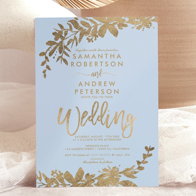 Convites Dourada tipografia folha azul floral (Gold typography leaf floral teal blue wedding invitation)