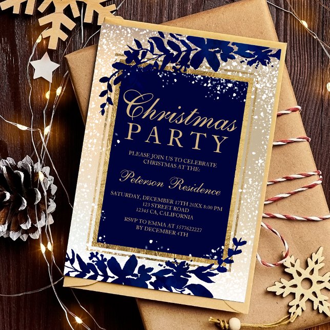Convites dourada tipografia folha azul neve elegante Natal (gold typography blue leaf snow elegant Christmas Invitation)