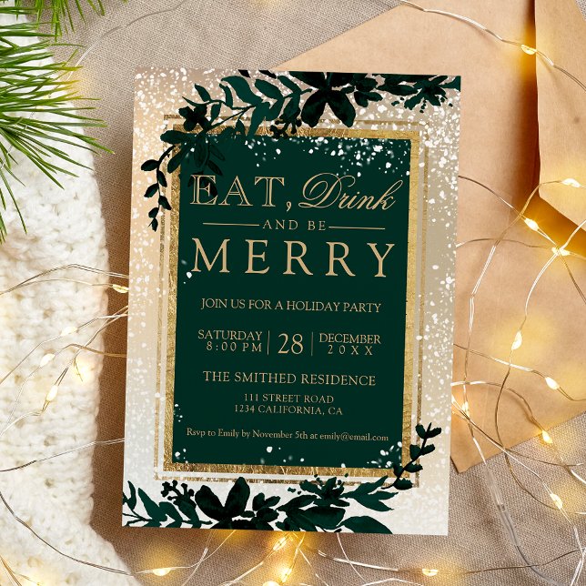 Convites dourada tipografia folha neve elegante no Natal (gold typography leaf snow elegant eat Christmas Invitation)