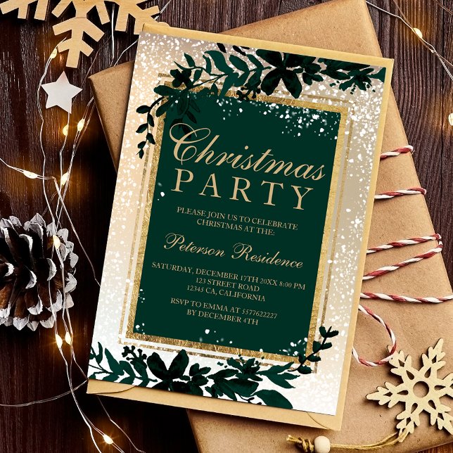 Convites dourada tipografia folha neve elegante verde Natal (gold typography leaf snow elegant green Christmas Invitation)