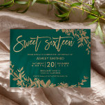Convites Dourada tipografia folha verde floral 16<br><div class="desc">Dourada tipografia folha floral esmeralda verde doce 16 anos de aniversário com folhagem pintada manualmente e 16 festas de aniversário. O fundo verde esmeralda é totalmente personalizável.</div>